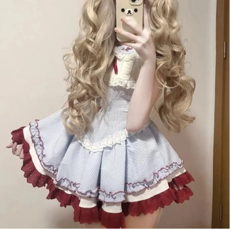 الحلو لطيف فتاة عالية الخصر الأزرق منقوشة الحمالة فستان قصير القوس الدانتيل دمية طوق الصيف فساتين منتفخة جديدة للنساء #1