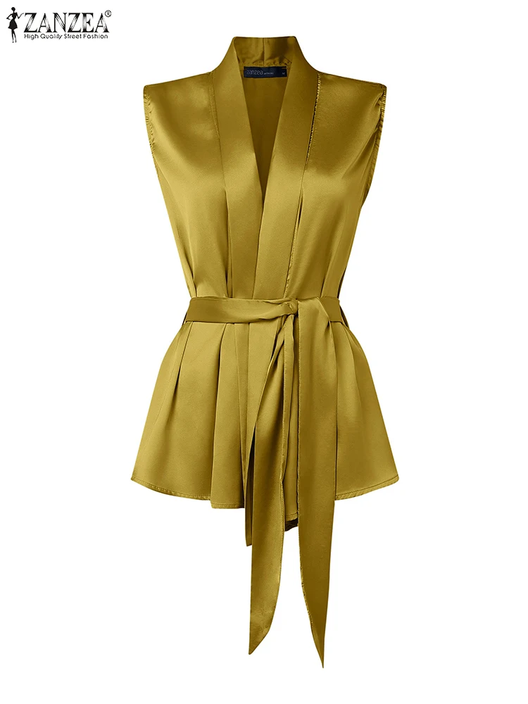 

ZANZEA Elegant Shiny Satin Wrapped Blouses Women 2025 Summer V-Neck Belted Sleeveless Tops Office Commuting Party Blusas Mujer