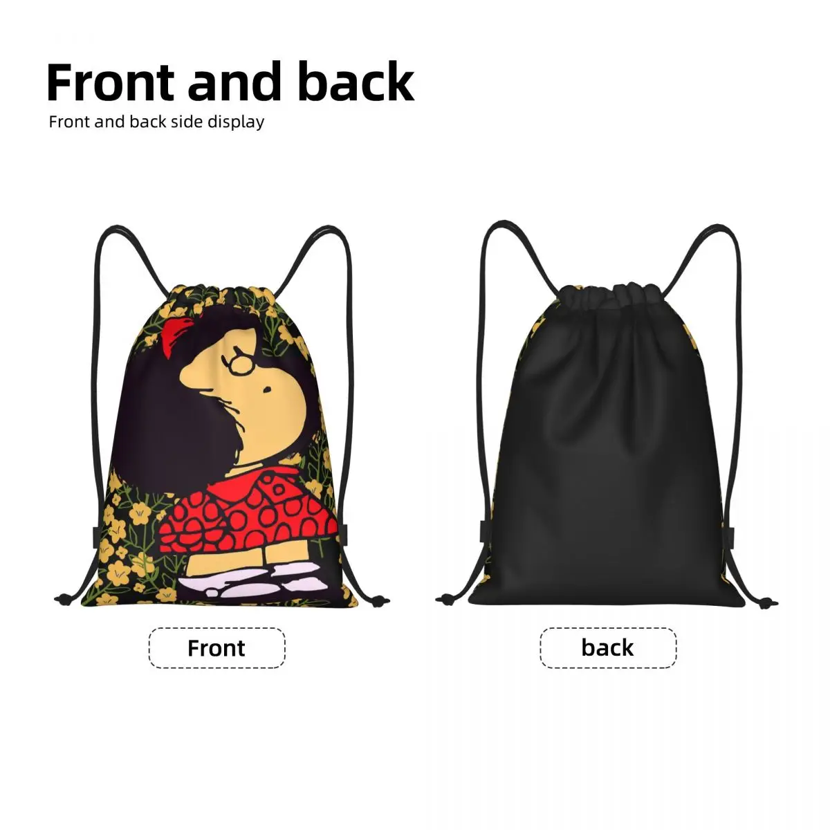 Mafalda And Flowers Drawstring Backpack Sports Gym Bag for Women Men Shopping Sackpack