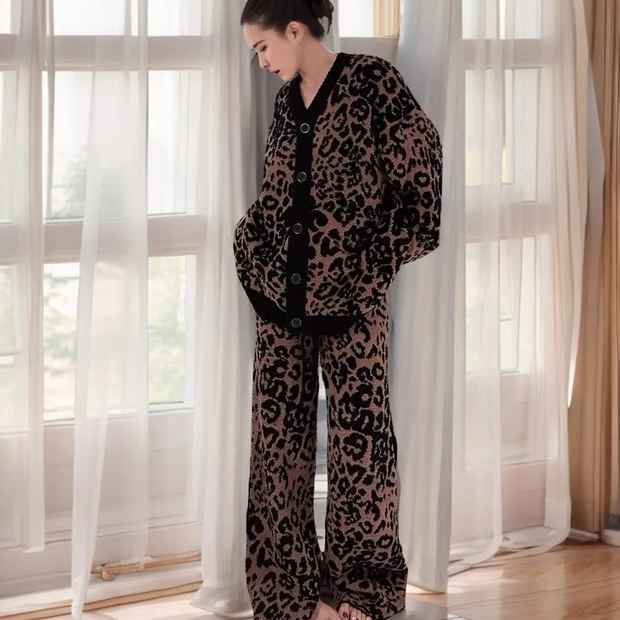 Women Keep Warm Thicking Leopard Print Pajamas Sets Autumn Winter Long Sleeve Soft Pyjamas Home Clothing Ladies Loose Sleepwear