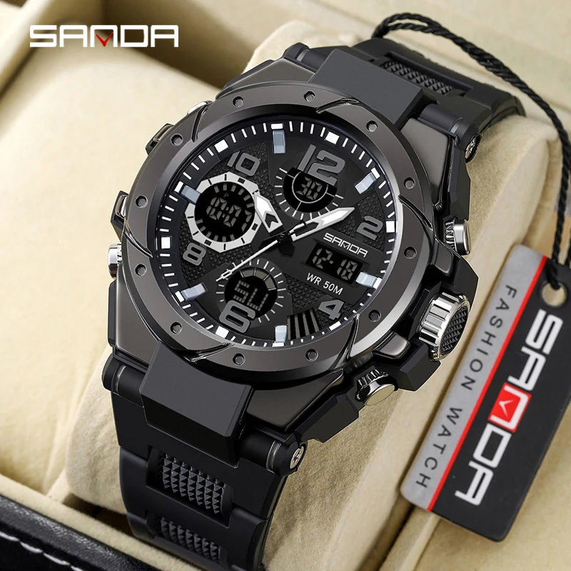 SANDA Men Sports Watches Dual Display Analog Digital LED Electronic Quartz Wristwatches Waterproof Swimming Military Watch 9009