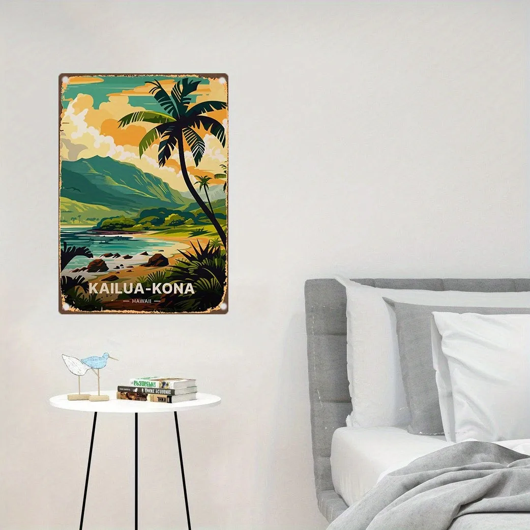 Vintage Kailua-Kona Hawaii Tin Metal Signs - 8x12 Inch Retro Wall Art with Tropi
