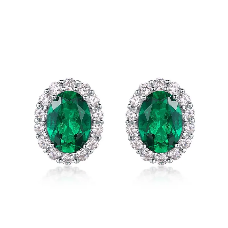 

Certificated 925 Silver Lab-grown Emerald Oval Ear Stud Full Diamond CZ Cluster Pave Setting Earring Wedding Engagement Jewelry