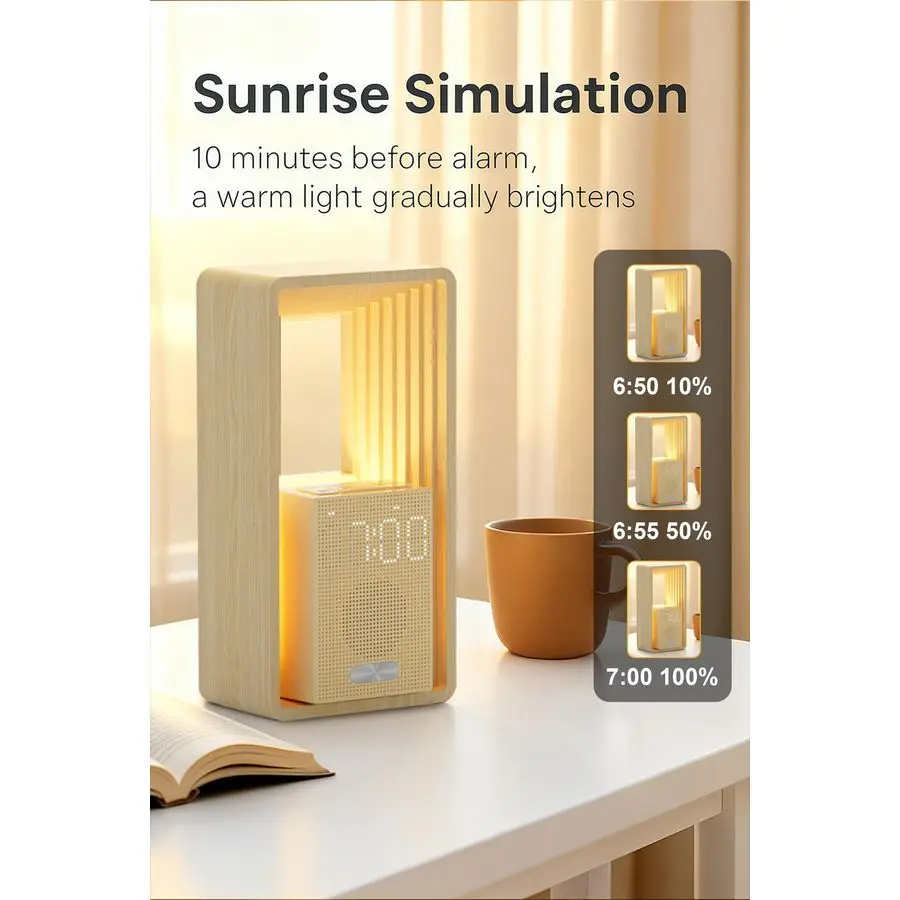 ساعة منبه مع ضوء WakeUp آلة صوت منبه مزدوج مع شاحن USB، 9 أصوات نوم، ضوء ليلي، شاشة عكس الضوء، توقيت تلقائي