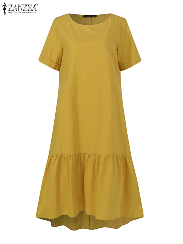 Robe chemise longue à volants pour femmes, manches courtes, mi-mollet, décontracté, couleur unie, été, 2024