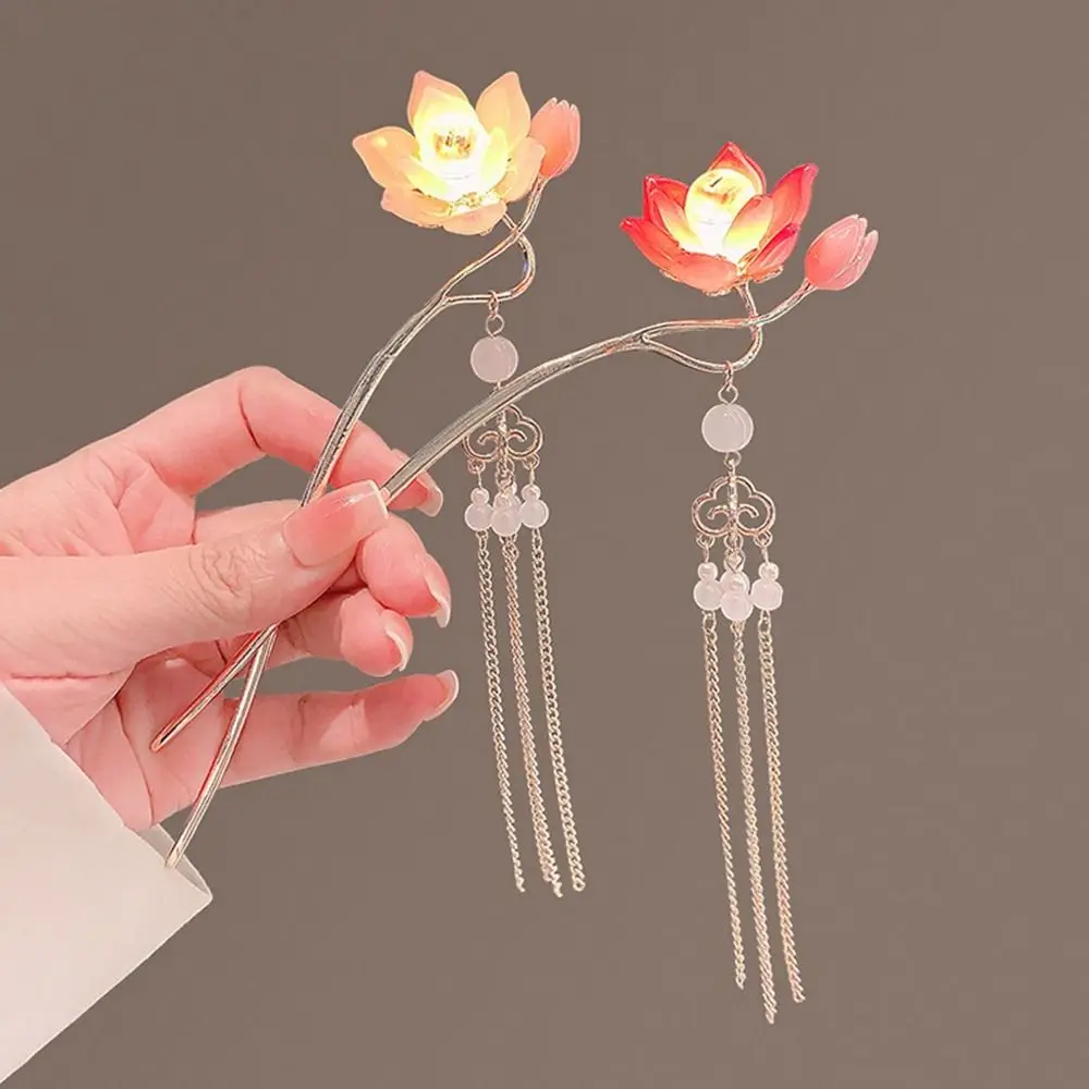 Alloy Lantern Hairpin Glowing Luminescent Lotus Tassel Hair Stick Hair Sticks for Long Hair Hair Stick Pin LED Light Hair Fork