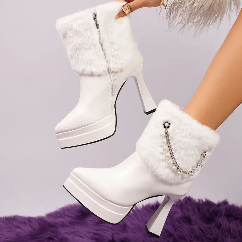 Winter Fashion Trendy Metal Chain Decor High Heel Mid Calf Boots 2026 New Pointed Toe Solid Zipper Casual Boots for Women