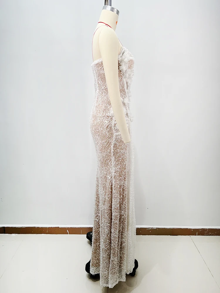 Luxury White Lace Evening Dresses for Women 2025 Sexy Flowers Corset Bustier Gown Floral Sheer Wedding Dress with Long Sleeve