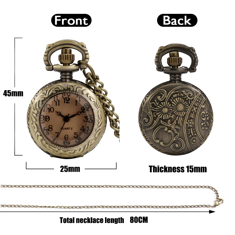 Montre collier à quartz en verre de thé transparent, bronze, taille mini, cadeaux pour enfants, hommes et femmes, cadran numérique arabe, horloge de poche antique