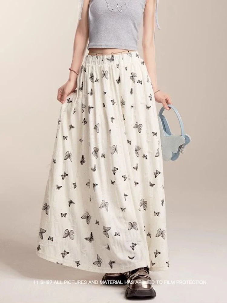Jmprs Bufferfly Korean Long Skirts Women Elegant Retro High Waist Skirt Casual Loose Sweet Female Vintage Spring Design Skirt