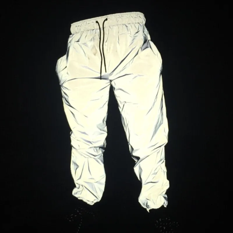 

Reflective Night Running Pants Original Couple Doublelayer Straight Leg mid Waist Hip Hop Sle Loose Fit Pure Color