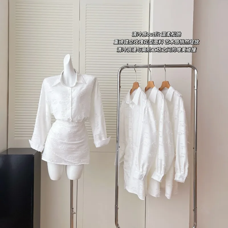 

Pure Sexy Rose Hollowed-out Dress Women's Summer Long-sleeved Turn-down Collar Slim Fit Short Dress Fashion Female Clothes