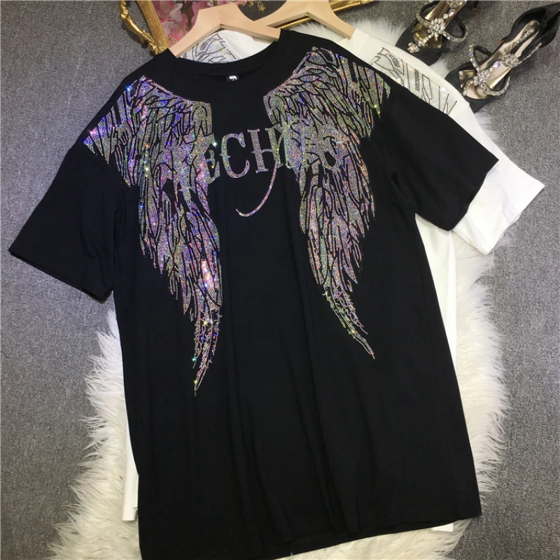 Big Size Rhinestone Wings Luxury T Shirt Plus Size Woman Clothes 150 KG Cool Streetwear Y2K Black White Brand T-shirt Top Summer