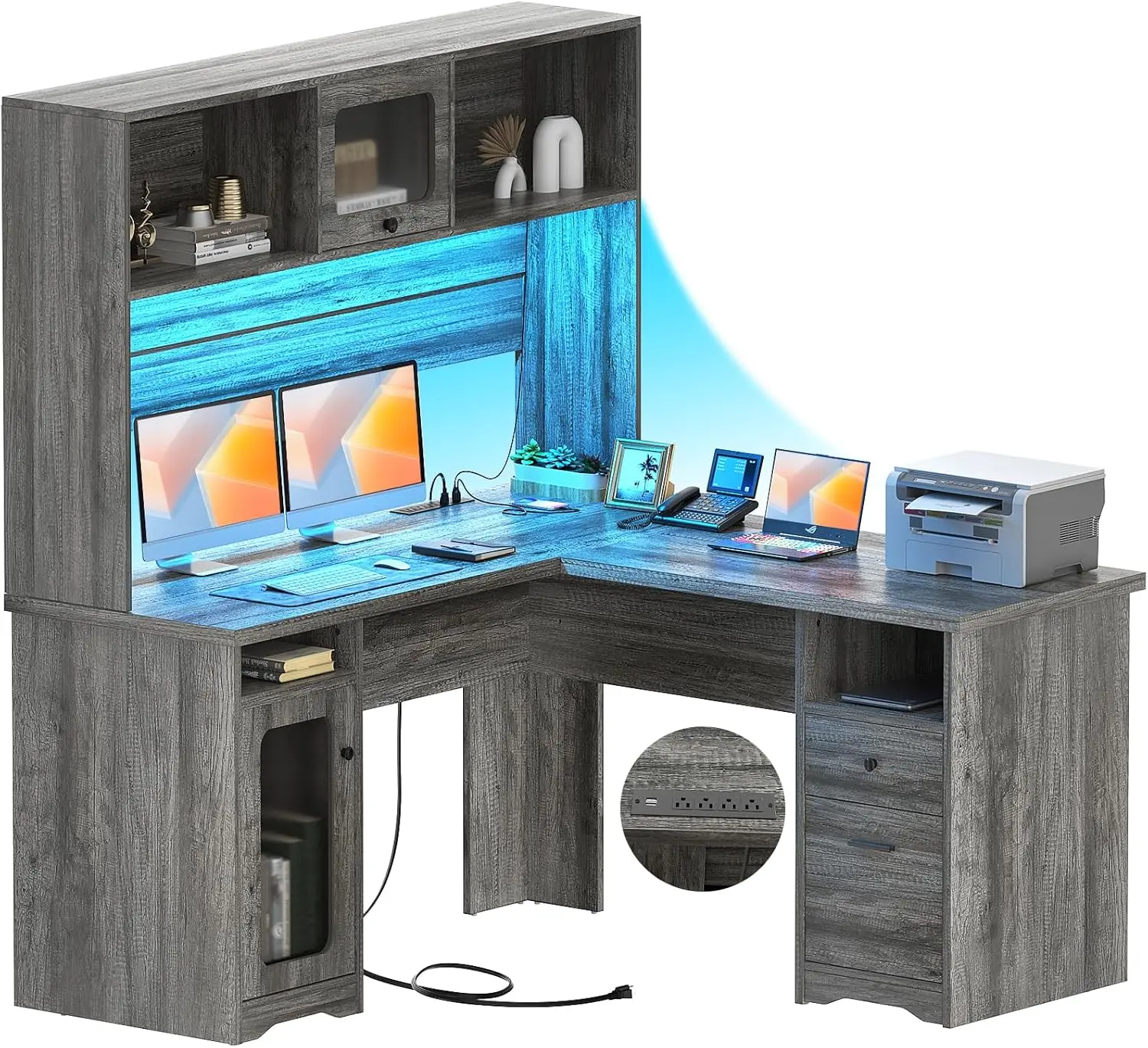 Unikito L Shaped Desk with Drawers and Hutch, Large Office Desk with Power Outlet and LED Lights, 60 Inch Modern Corner Computer