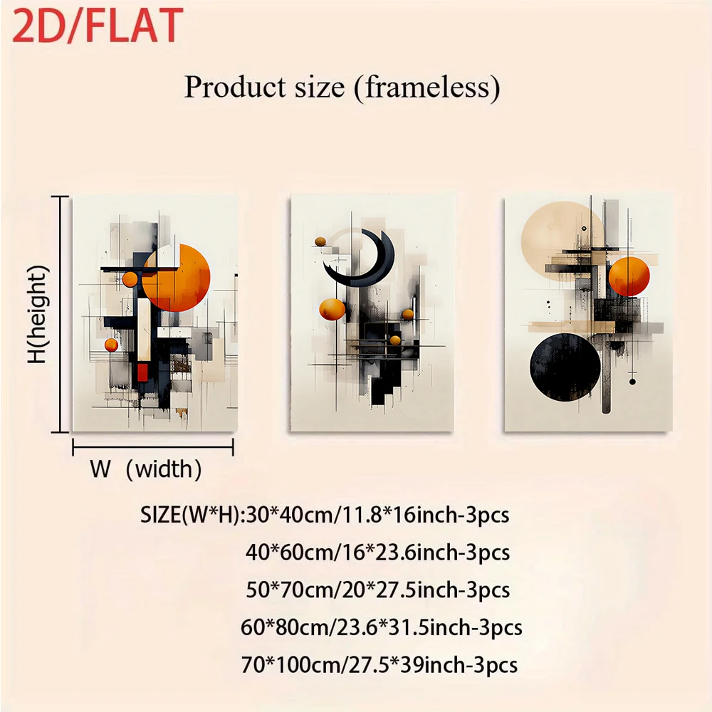 1 set of modern geometric triptych frameless paintings, minimalist black, white, and orange decorative paintings, 2D flat design