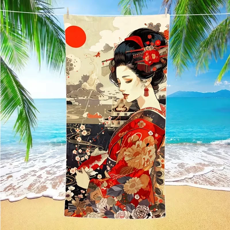 Traditional Geisha Print Beach Towel Vintage Kimono Koi Fish Floral Art Design Beach Blanket Soft Quick Dry Sand Resistant Towel