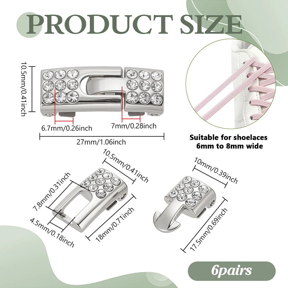 12 Pcs Shoelaces Buckle Lock No Tie Shoe Laces Alloy Tieless Locks with Rhinestone for Running Casual Shoes