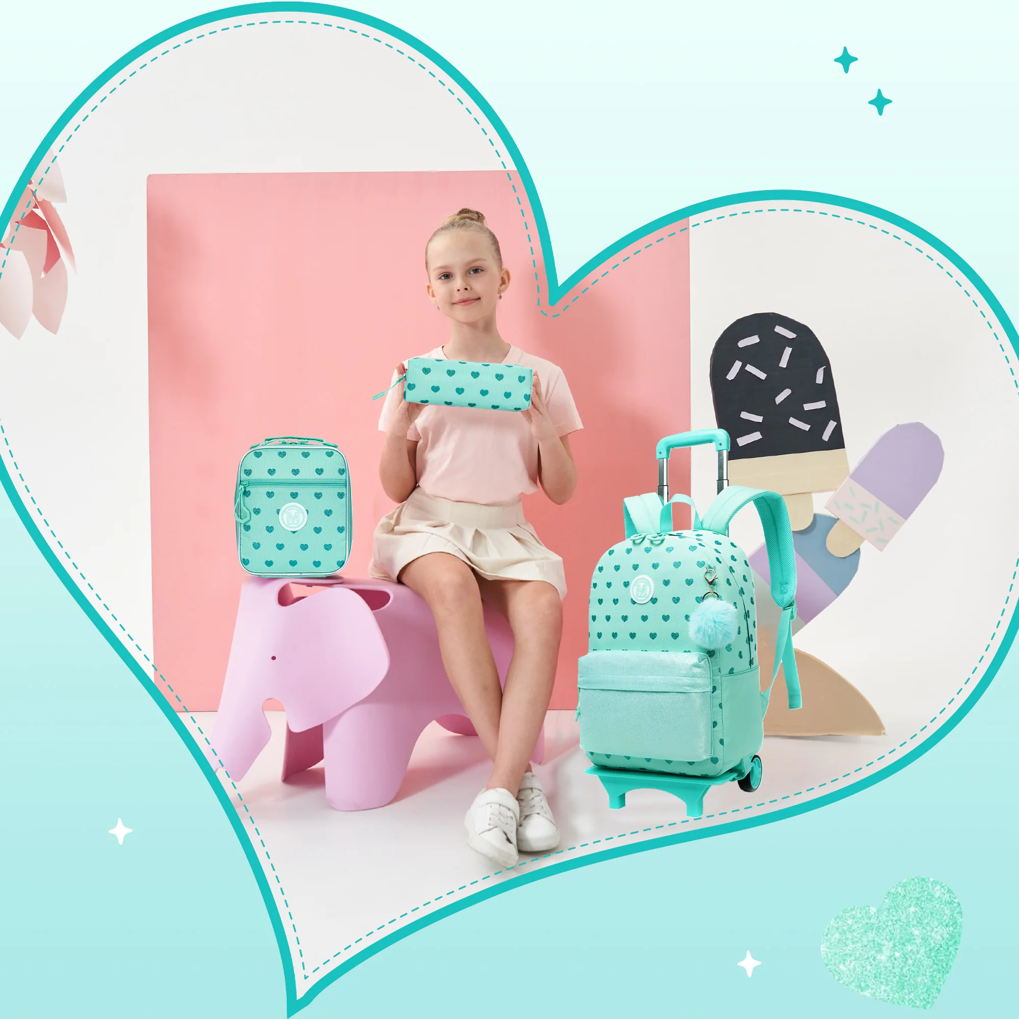 Cute Love Rolling Backpack for Girls, Ribbon Bow, Trolley, mochila da escola primária, lancheira, caneta B, 3Pcs