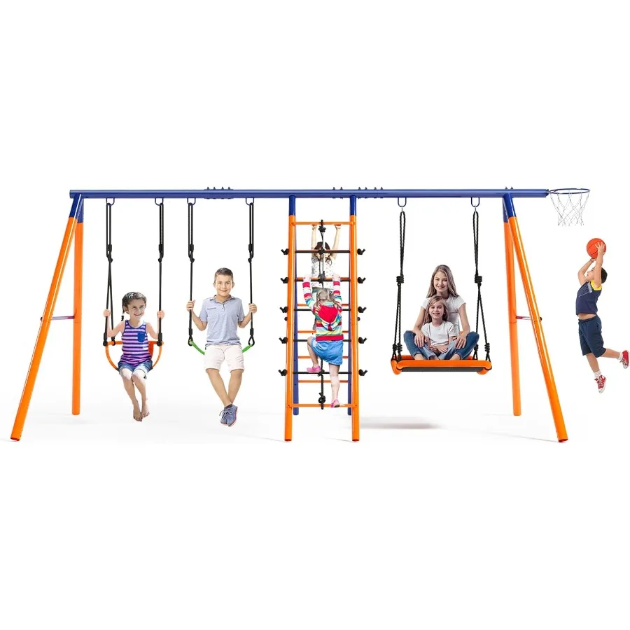 

Heavy Duty Outdoor Swing Set for Backyard Playgrounds with 6in1 MultiFunctional Design: Supports up to 700 lbs Includes 3 Adjus