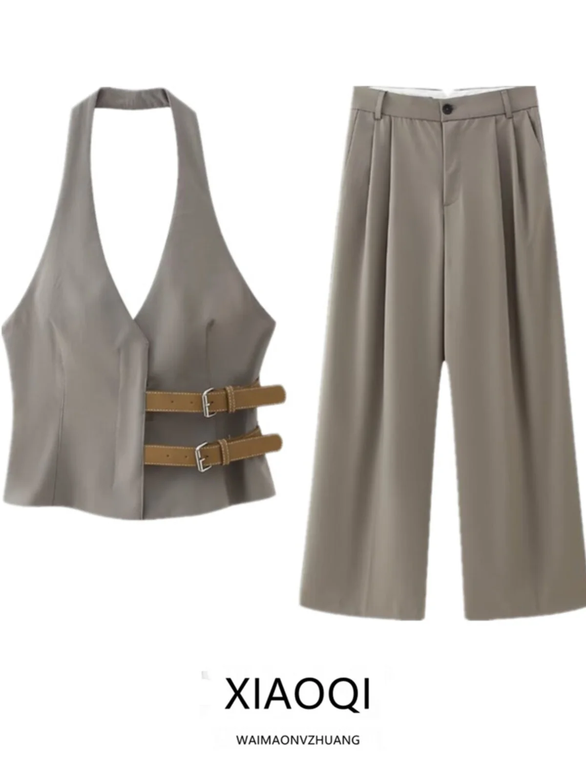 

Spring 2024 Women's Vest-Sle Top with Hanging Collar And Belt High Waist Long Pants Faion Set Casual Ele Look