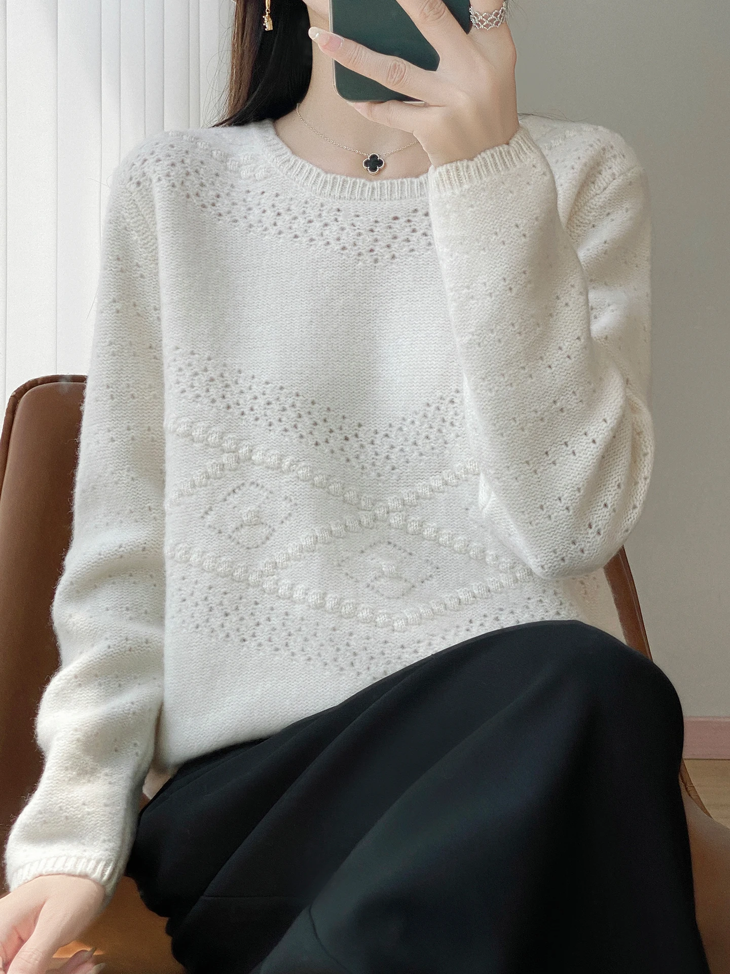 

Twisted Floral Ruffled Collar 100% Merino Wool Thickened Knit O Neck Autumn Winter Women's Sweater Warm Pullover Seasonal Tops