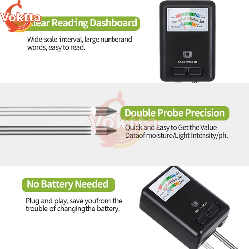 Soil PH Fertility Meter Test Pen 3-in-1 Moisture Detection/Light/PH Tester Plant Hygrometer Sensor Analyzer Monitor for Garden