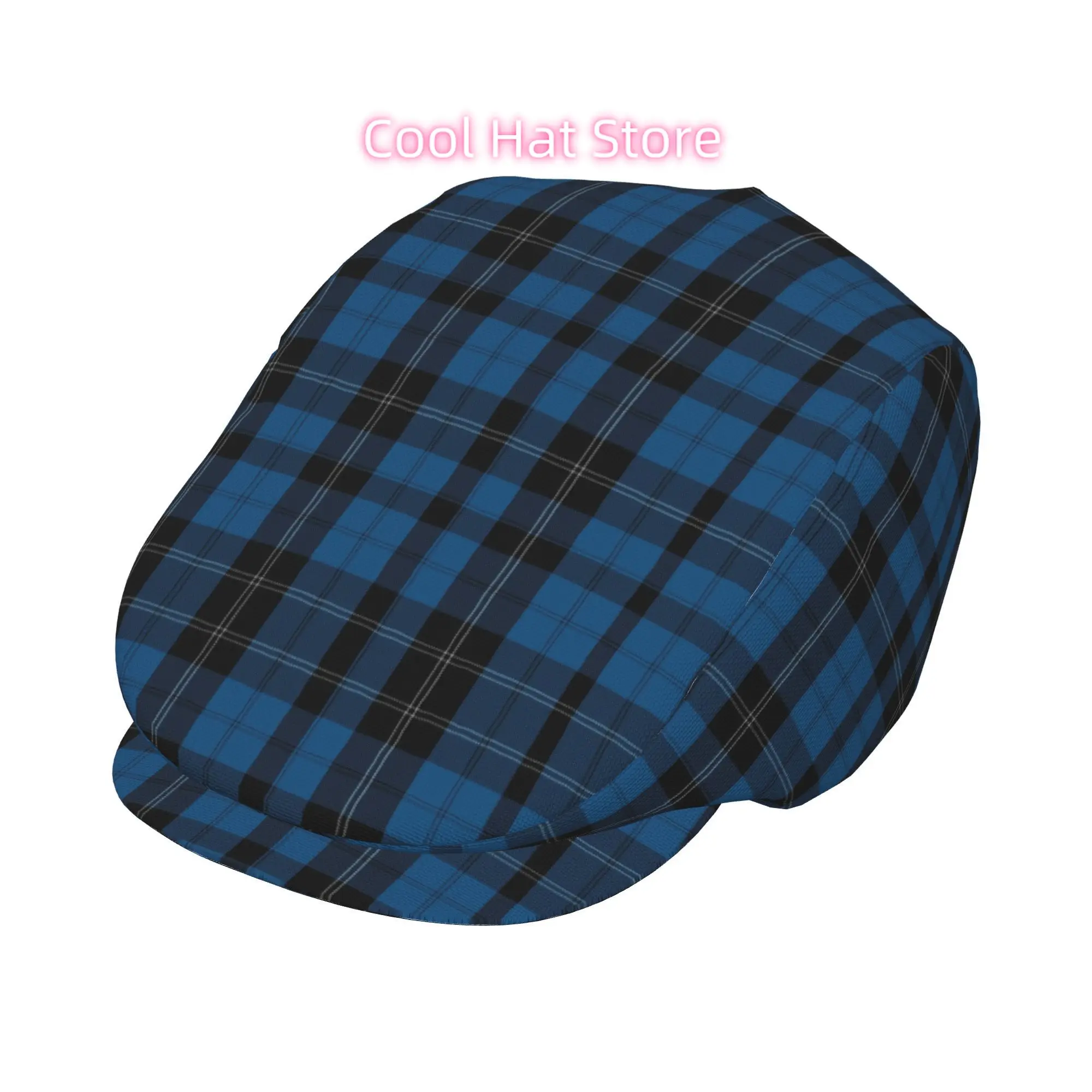 Adjustable Flat Cap for Men And Women Featuring a Symmetrical Blue, Black, And White Tartan Design, Suitable for Various Occasio