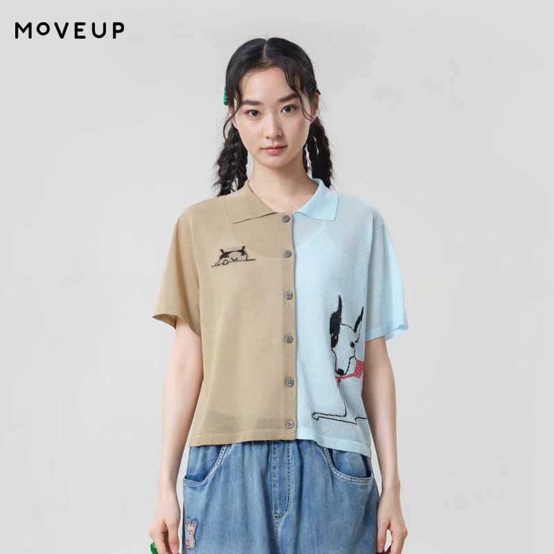 

MOVEUP Short Sleeved Knitted Shirt 2026 Summer New Lightweight Breathable Embroidery Contrasting Color Top For Women 3ELX31701