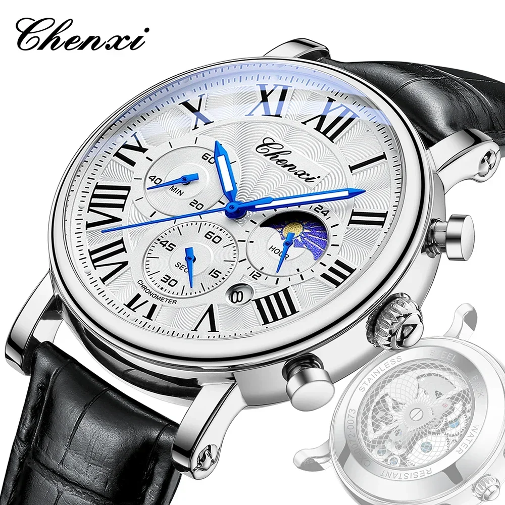 CHENXI 2024 Watches For Men Leather Strap Skeleton Quartz Sweep Second Movement Mens Watch Waterproof Chronograph Wristwatches