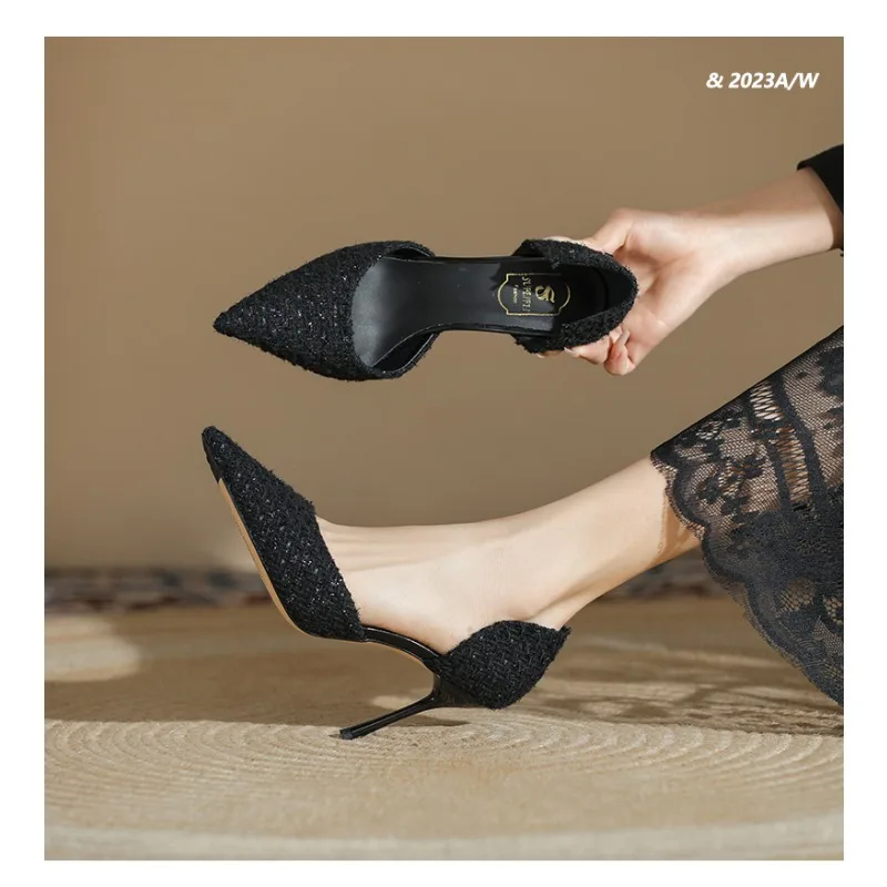 

Elegant Black High Heeled Shoes Women's Niche Design Sensibility Fine Tweed Style Professional Comfortable Pointed Toe Flats