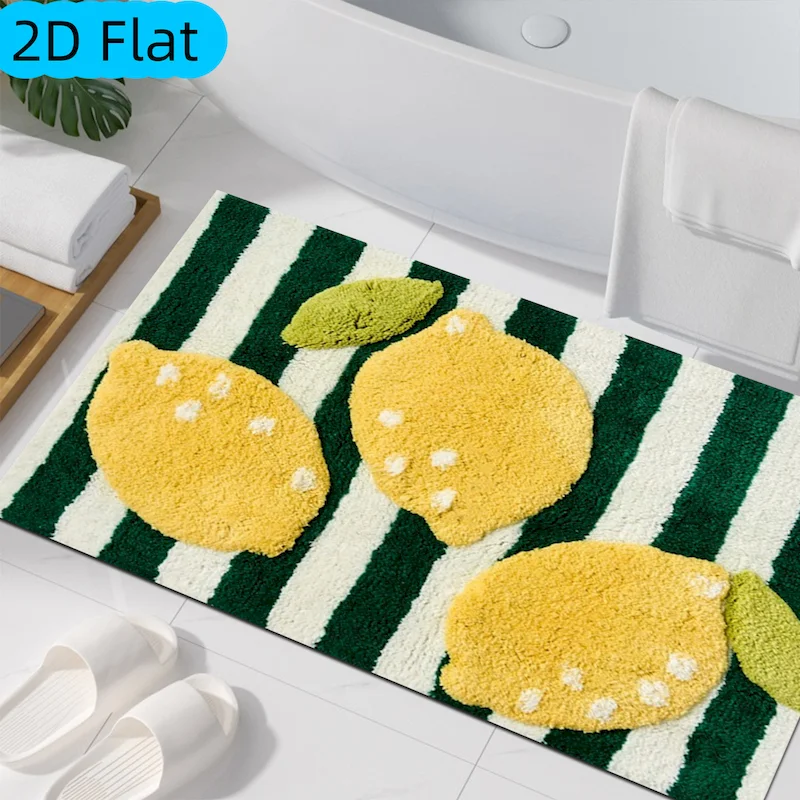 VIKAMA Green And White Striped Cartoon Lemon Carpet Soft And Absorbent Door Mat Anti Slip And Fresh Fruit Carpet Home Decoration