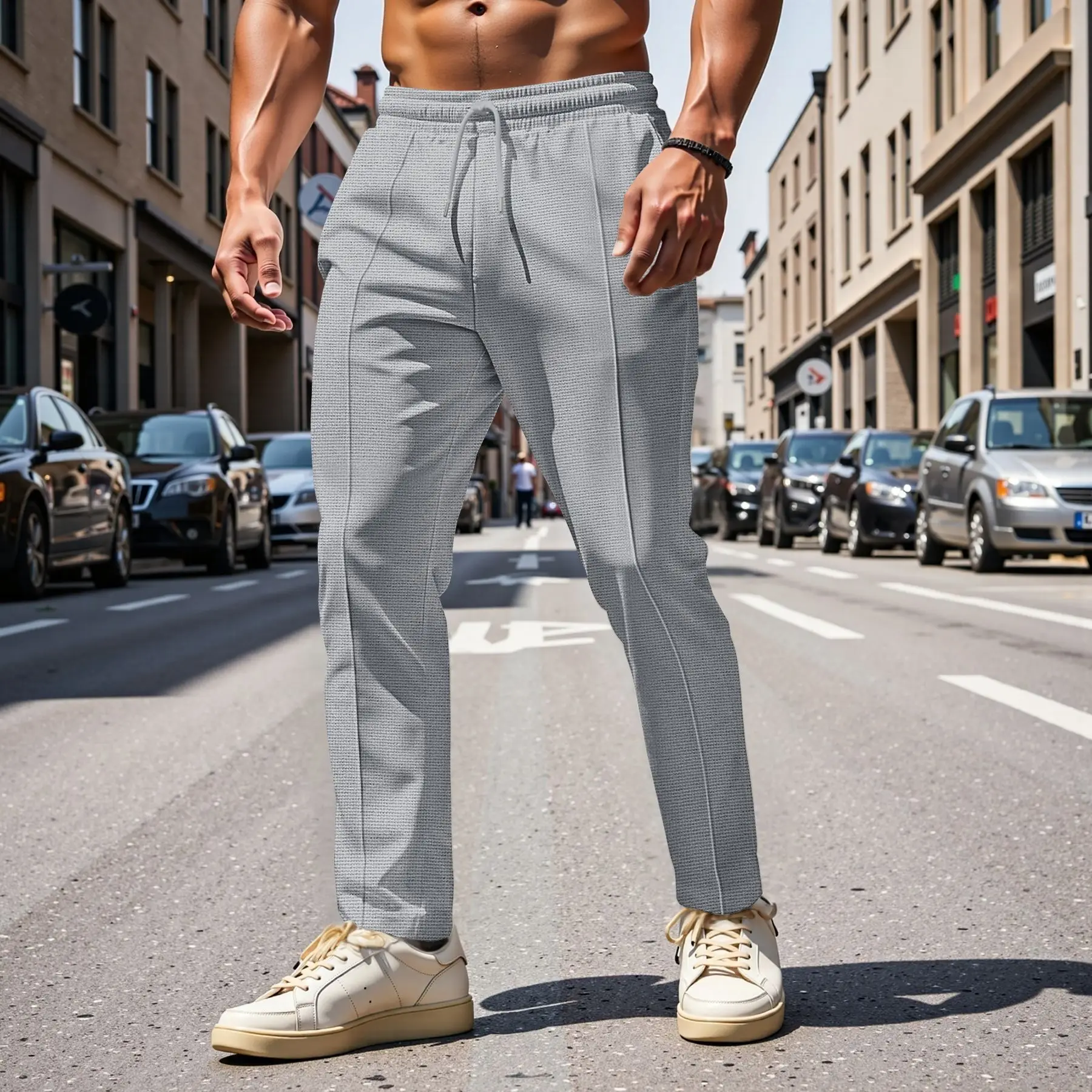 Men Four Seasons Casual Sports Long Pants New Arrival Striped High Waist Drawstring Belted Sweatpants Man