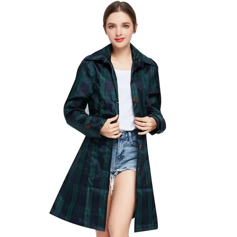 

Waterproof Long Green Grid Raincoat Jacket with Hood and Belt Womens Stylish