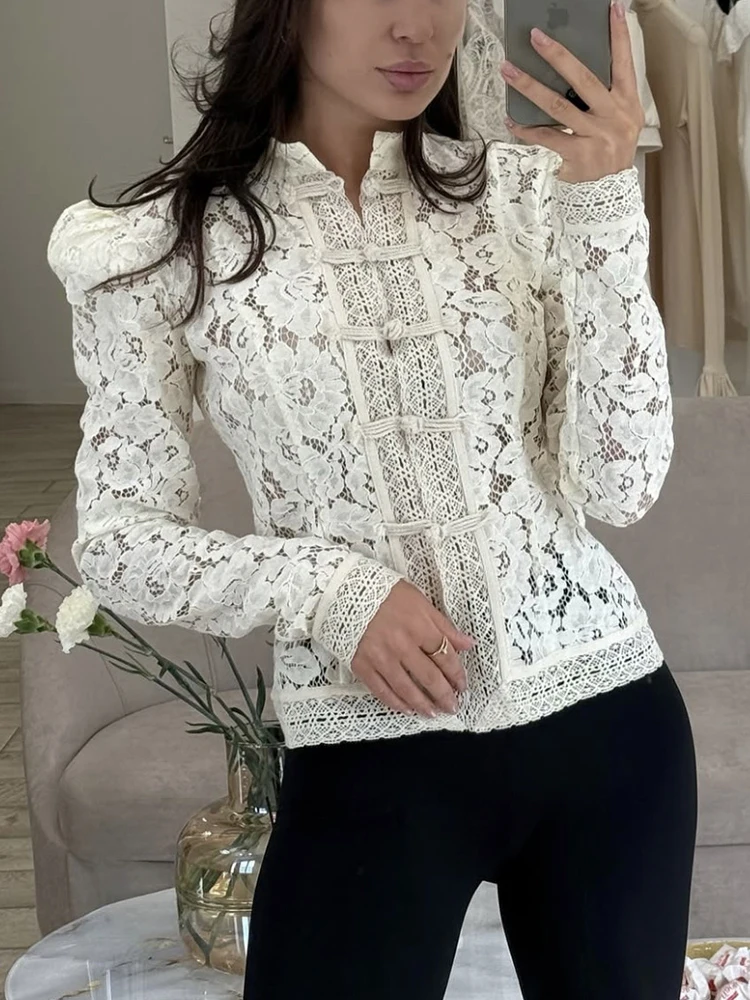

Mumaroho 2025 Autumn Winter Women Elegant Long Sleeve Solid White Lace Shirt Ladies Sheer Blouse Tunic Tops For Woman