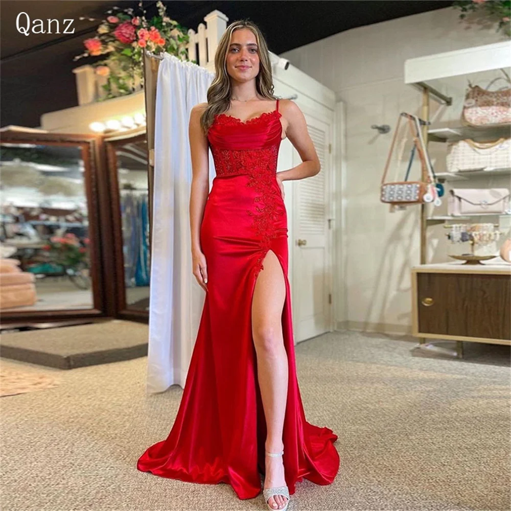 

Qanz Sexy Red Evening Dresses Spaghetti Straps Appliques Vestidos De Fiesta Elegantes Para Mujer Mermaid Slit Satin Party Gowns