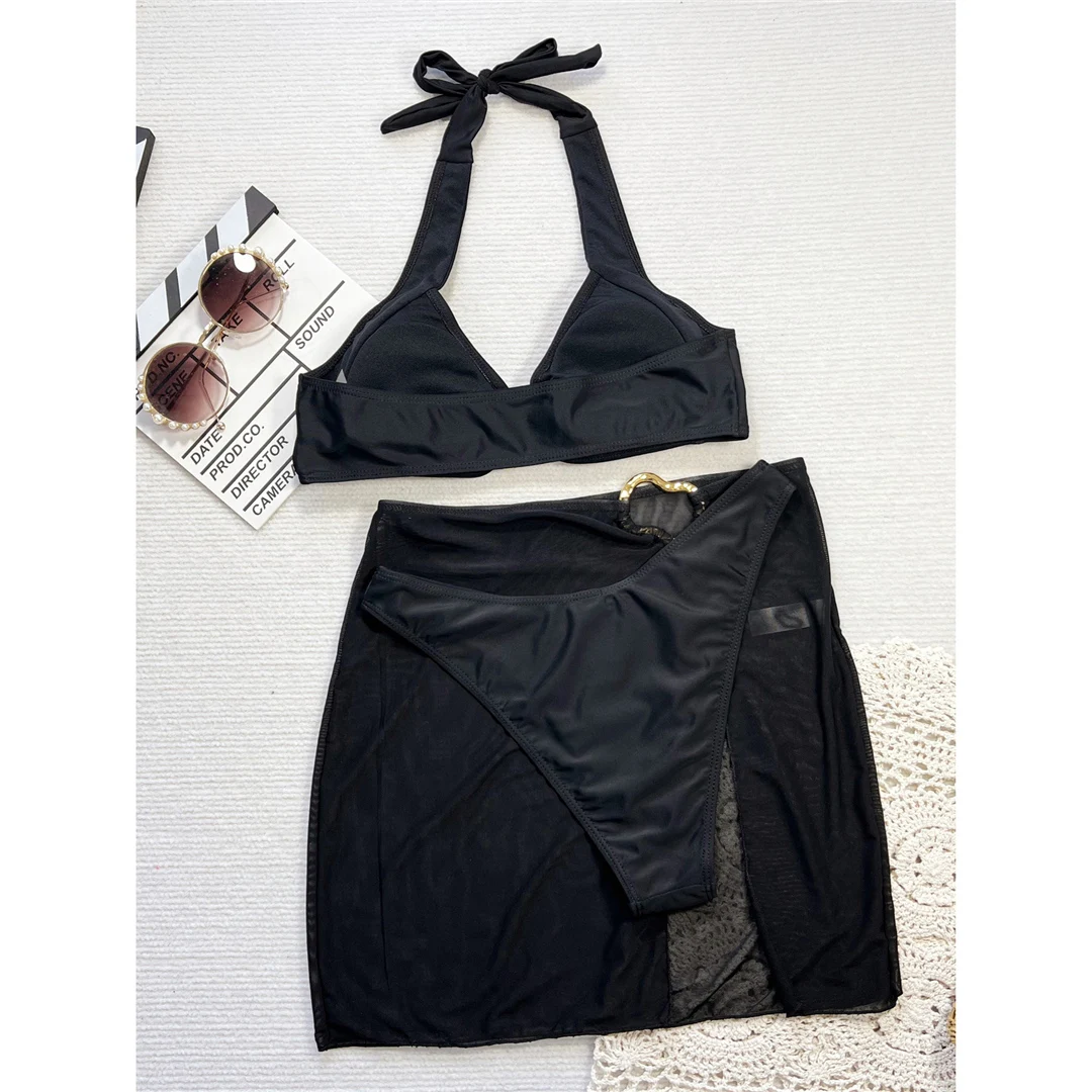 Damen-Badeanzug mit Rock, Neckholder-Bikini, dreiteiliges Bikini-Set, brasilianischer Badeanzug mit Polsterung, Badebekleidung, Badeanzug V6368 – Detail 13