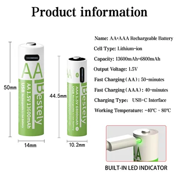 BaKKiter 1.5V AAA 6800mAh/ AA 13600mAh रिचार्जेबल लिथियम-आयन बैटरी फ़ास्ट चार्जिंग Li-ion बैटरी 2000 साइकिल / USB-C केबल 8 best sales लिथियम बैटरी - №6