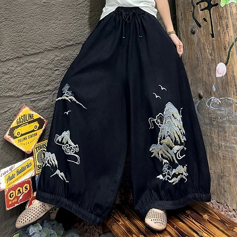 Masss Wasss Chinese Spring Fashion Jeans Womens Embroidery Oversized Wide Leg Pants Loose Vintage Casual Floral Denim Trousers