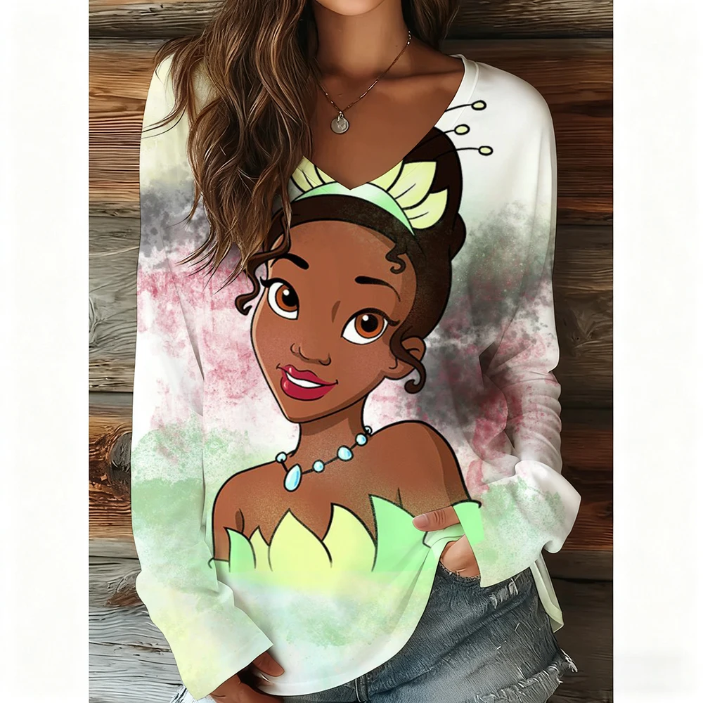

Fashion Vintage Disney Princess Pattern Women V-Neck Long Sleeve T-Shirt Casual Breathable Women's Clothing Apparel Tops Tees