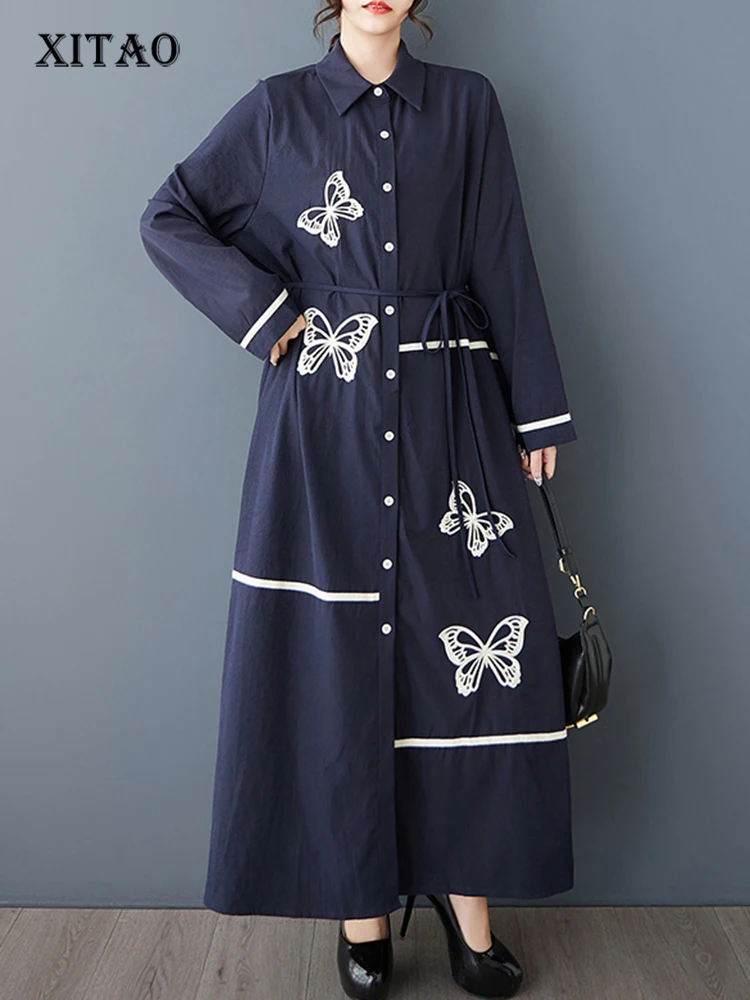 XITAO 刺繍シングルブレストラペルドレスカジュアル新着痩身ファッションフルスリーブ A ライン春の女性のドレス GYX1514