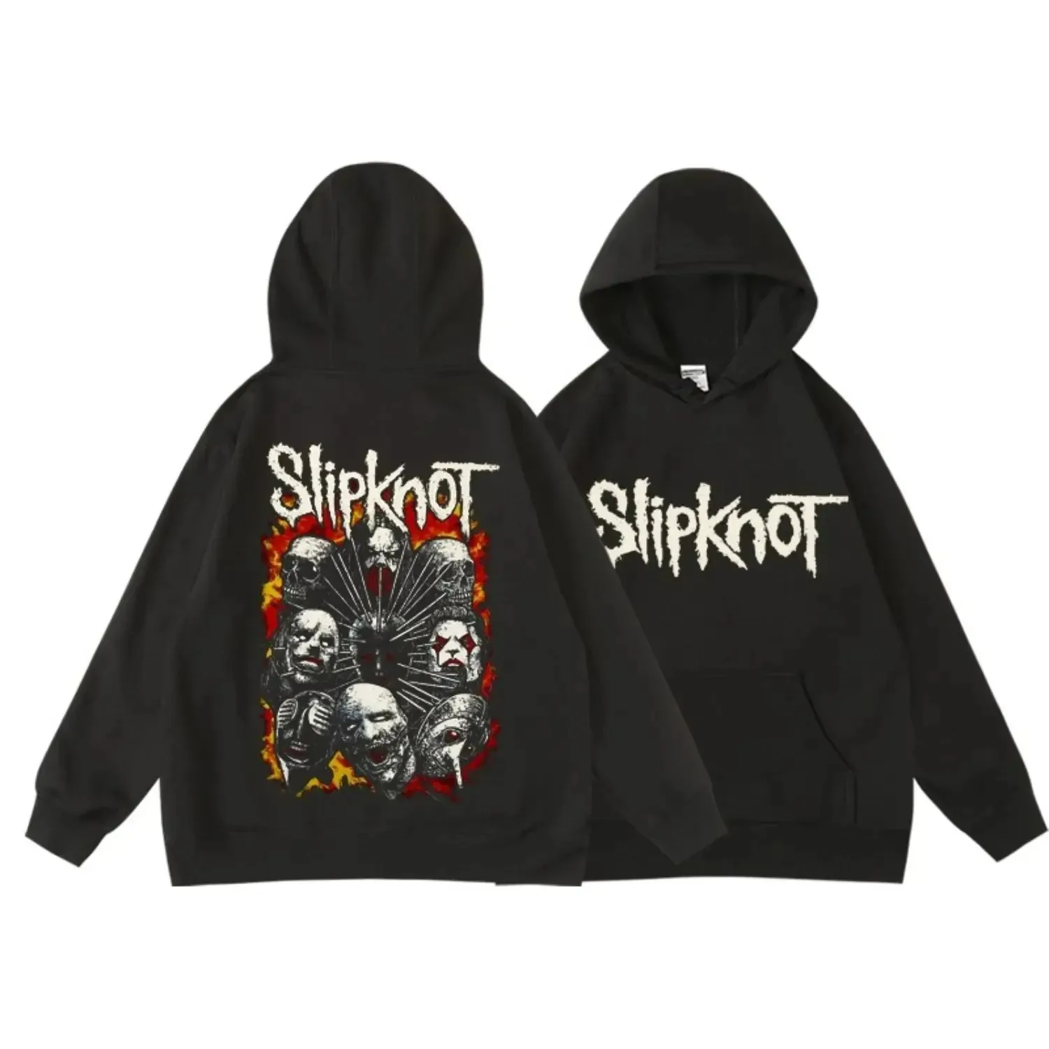 Slipknot Mask Collage Moletom com capuz dupla face (Tipografia de nome da banda clássica + Gráfico de máscara de membro + Decoração de chama e pontas + Nu-Metal