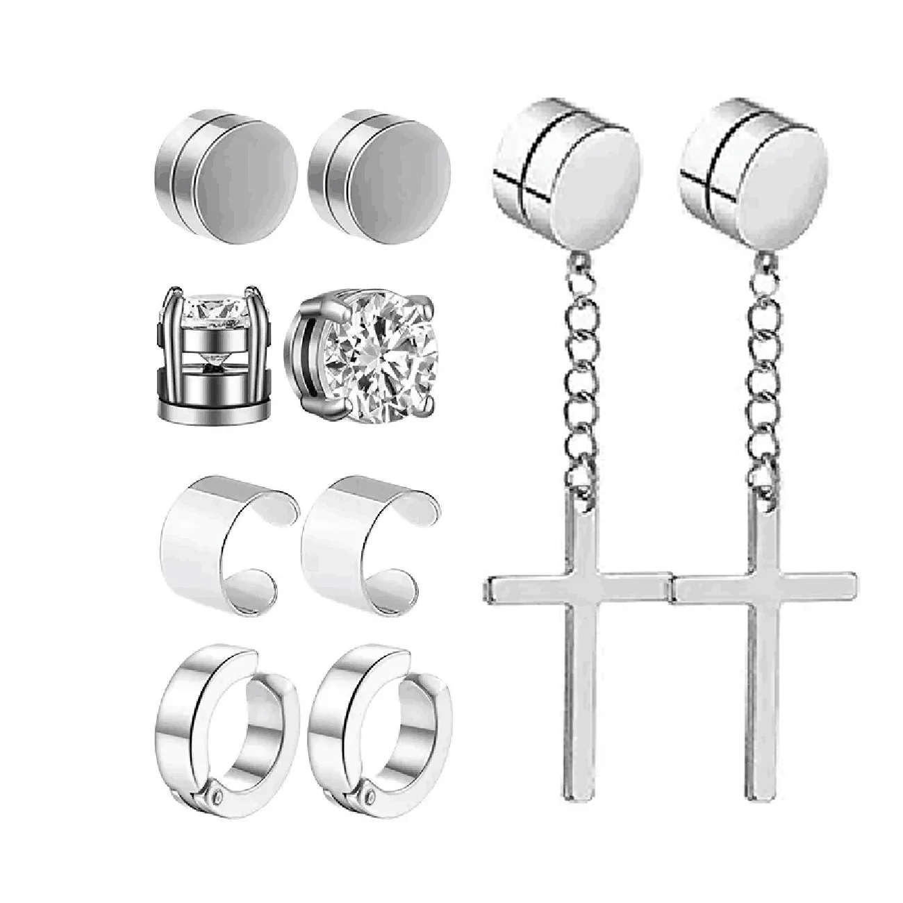 4-10 pairs of men's fashionable ear hole free magnet zircon stainless steel false earring set image 4