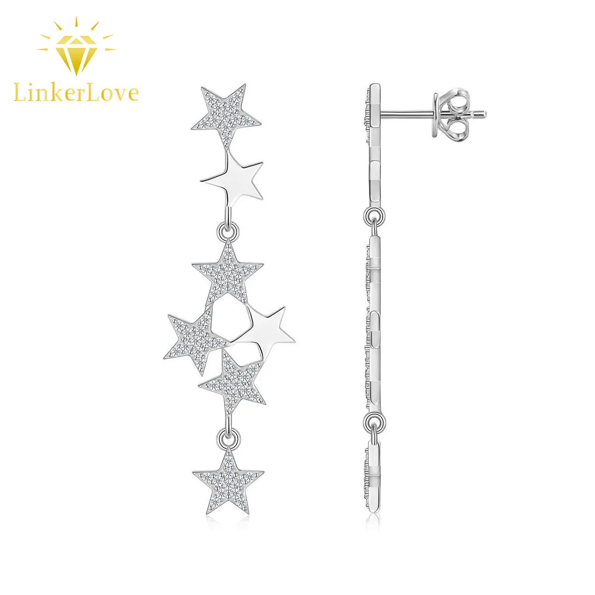 LinkerLove S925 Silver Star Dangle Earrings for Women Full Moissanite Paved Multiple Stars Drop Earrings Party Fine Jewelry Gift