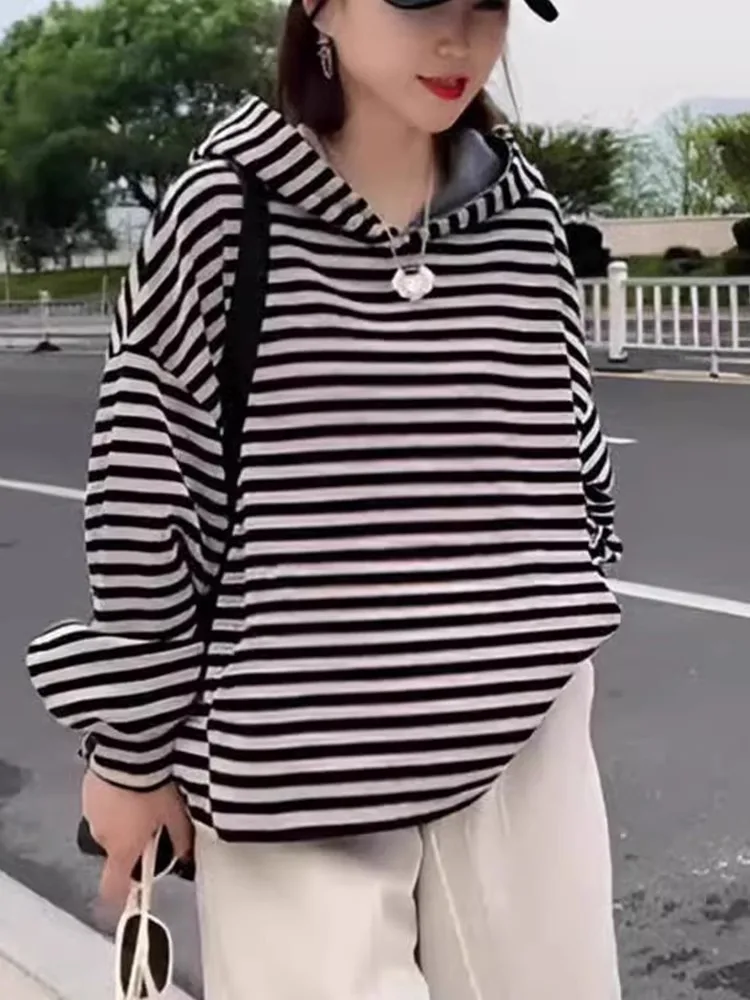 Felpa con Cappuccio da Donna Primavera Autunno Nuova Versione Coreana Manica Lunga Casual con Righe Colorate