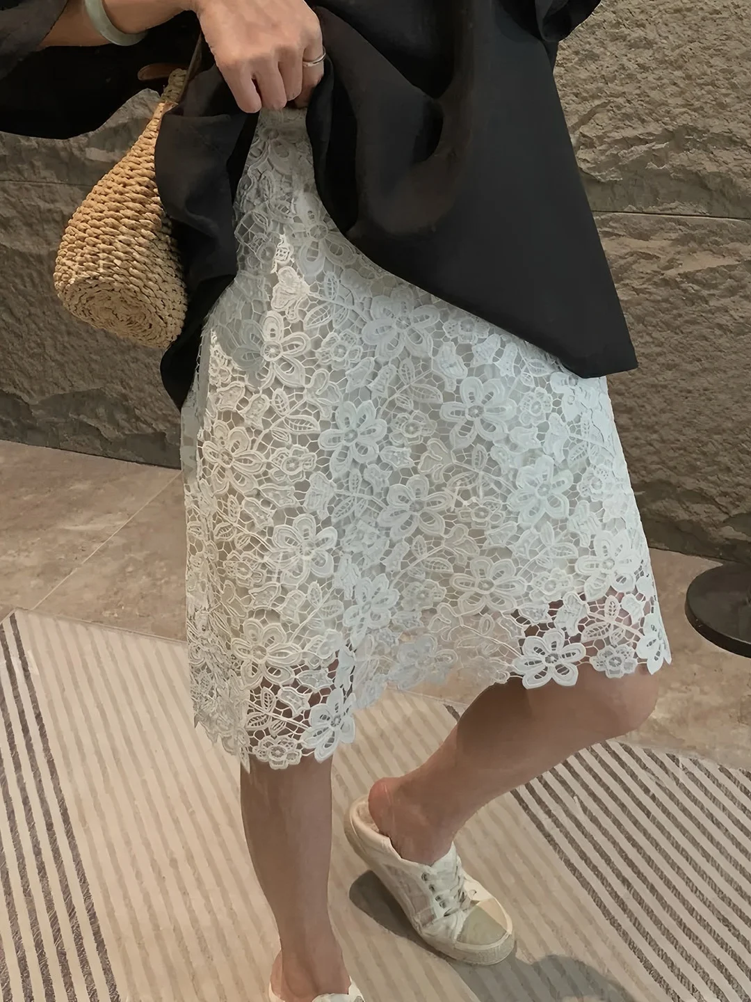 plus Size Korean Design Lace Half Skirt Women's Summer New Fashionable White A-Line Skirt Slim Fit High Waist Other Material