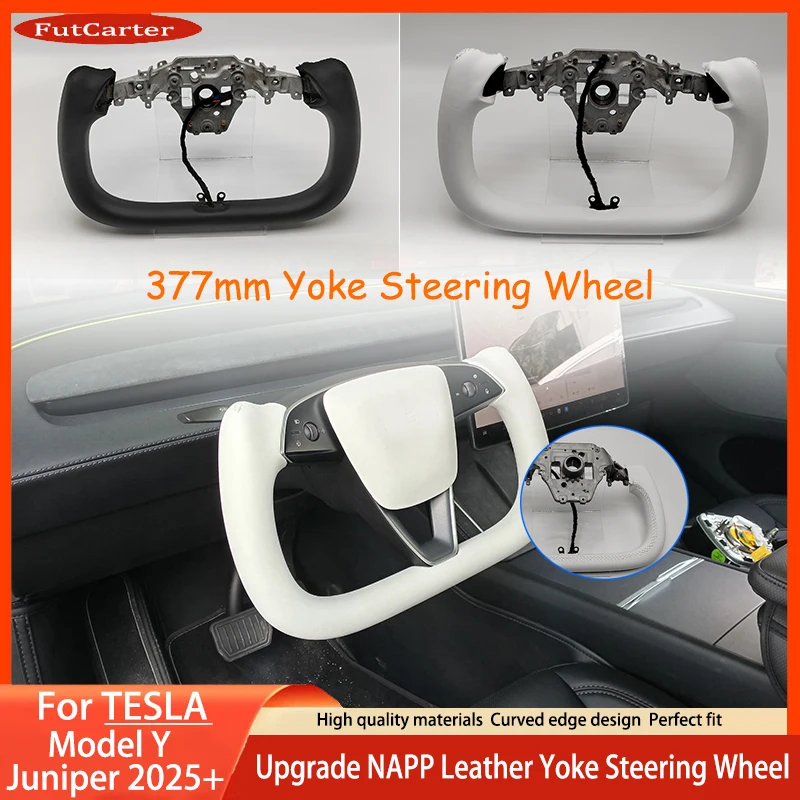 

For New Tesla Model Y Juniper 2025+ 350mm/377mm Yoke Handle Steering Wheel With Heating NAPP Leather Steering Wheel Accessories