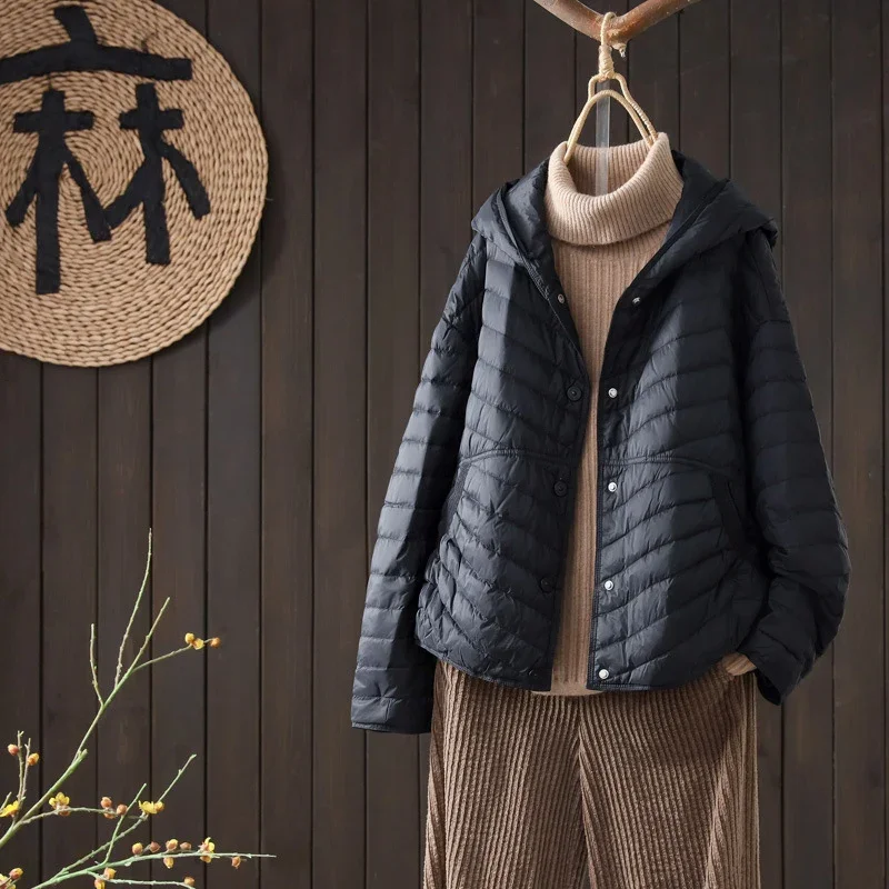 Schinteon Women Ultralight White Duck Down Jacket with Hood Autumn Winter Outwear Casual Over Size Loose Korean Style Coat 2024