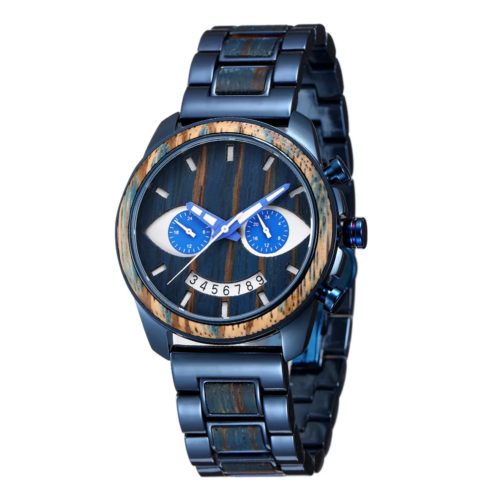 

Steel Wood Multifunctional Men's Quartz Watch Trendy Retro Wristwatch Classic Design Timepiece for Active Men