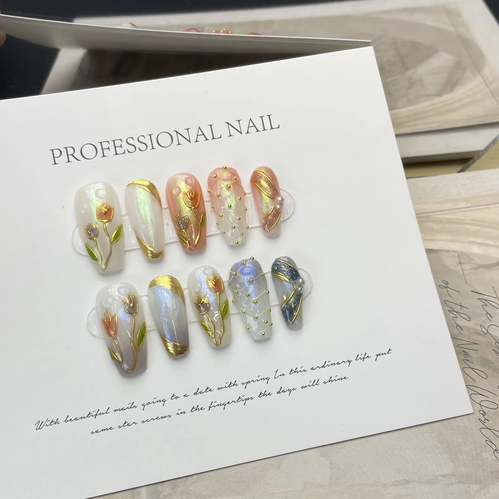 10 Stuks Handgemaakte Pers Op Nagels Lange Ballet Valse Nagels Met Handgeschilderde Tulpen Bedrukt Draagbare Zachte Aurora Nep Nagels Kist