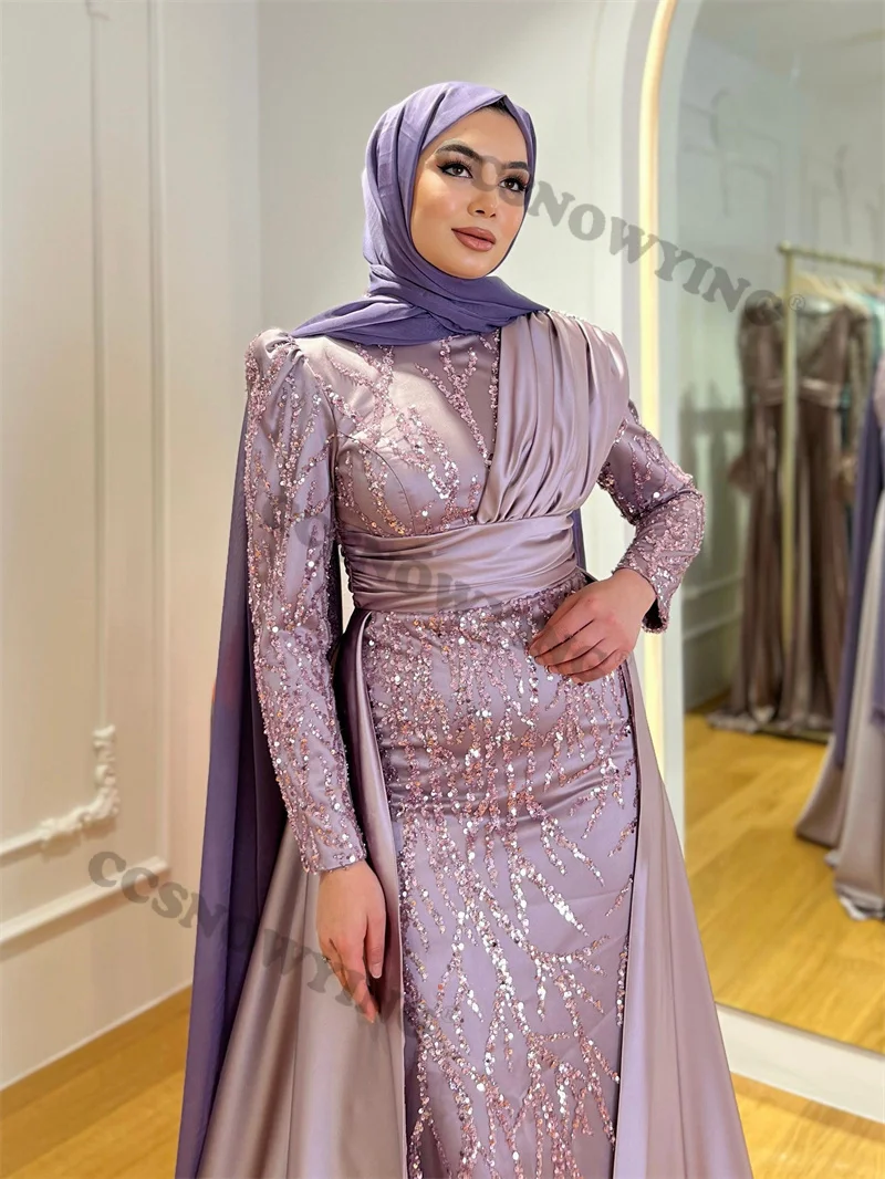 Luxury Satin Appliques Beaded Muslim Evening Dresses Islamic Long Sleeve Hijab Formal Party Gowns Arabic Dubai Robes De Soirée